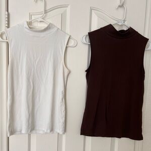 a.n.a Ribbed Sleeveless Mock Neck Tank - White & Dark Brown Bundle
